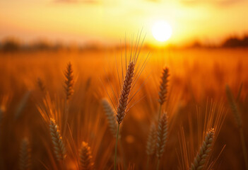 Naklejka premium Golden Wheat Field Swaying in Warm Sunset Light with Dramatic Orange Sky and Rural Landscape