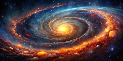 Obraz premium A celestial tapestry woven with the threads of cosmic dust and fiery nebulae, swirling around a radiant core, illuminating the vast expanse of space with its incandescent glow.