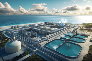 Obraz premium A high-tech desalination plant located by the ocean, featuring transparent pipelines and storage tanks, representing advanced and sustainable water technology. 