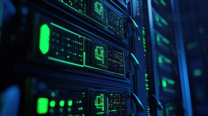 Naklejka premium Server Rack with Green Lights