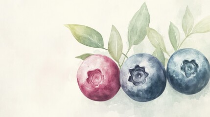 Obraz premium Watercolor Illustration of Fresh Blueberries with Leaves on a Soft Background, Perfect for Culinary, Health, or Natural Product Themes