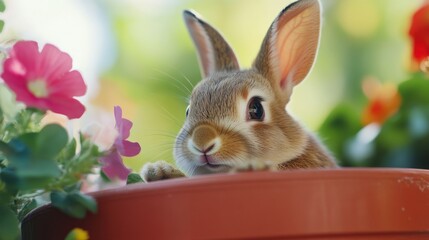 Adorable Baby Bunny in a Flower Pot
