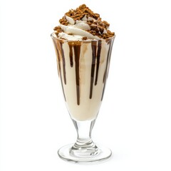 A decadent tiramisu milkshake with coffee liqueur and ladyfinger crumbs, served in a tall glass, isolated white background