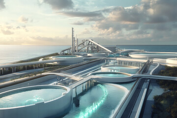 Fototapeta premium A high-tech desalination plant located by the ocean, featuring transparent pipelines and storage tanks, representing advanced and sustainable water technology. 