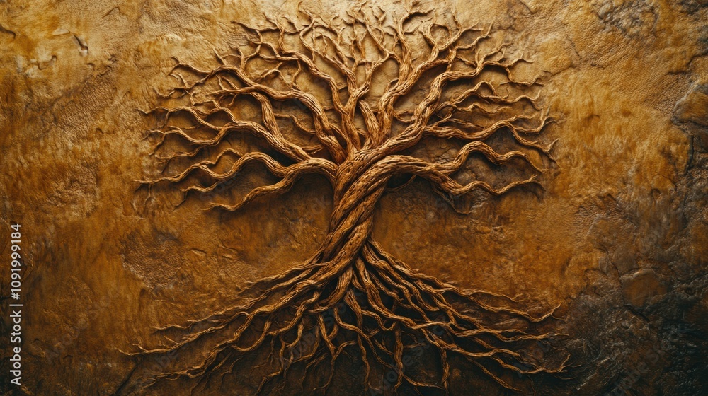 Fototapete The artwork presents an abstract representation of a tree of life, featuring intricate branches and roots that symbolize growth and unity. Generative AI