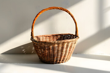 Minimalist Rustic Handmade Wicker Basket with Shadow Isolated on White &ndash; Perfect for Decor and Storage, Natural Craft Design for E-commerce, Home Decor, Product Catalogs, Blogs, Social Media, Ads