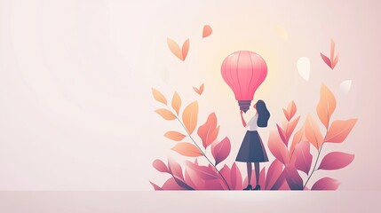 Obraz premium Woman amidst autumn leaves holds aloft a glowing pink lightbulb, symbolizing inspiration.