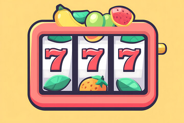 A colorful slot machine displaying fruit symbols and three sevens, representing gambling fun.