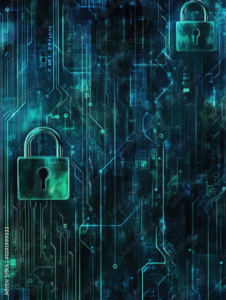 Aufkleber Dynamic abstract design merges padlocks and keys with digital elements, creating a visually striking representation of security concepts. Generative AI