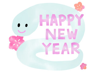 年賀状・HAPPY NEW YEAR・かわいいヘビと梅の手描きイラスト素材