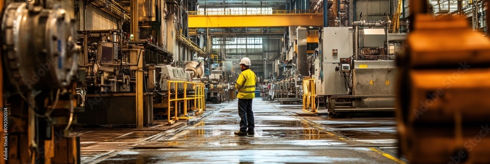 Leinwandbilder Engineer assesses machinery and equipment in a busy industrial factory filled with various production units and tools during the day. Generative AI