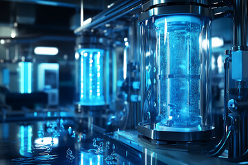 A futuristic water purification system with glowing blue filters and transparent pipes, representing advanced aqua technology for clean water solutions.
