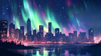 Fototapeta premium Aurora borealis over a city skyline, with the lights contrasting against the urban landscape and night lights. Celestial Aurora Borealis. Illustration
