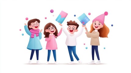 Fototapeta premium Cheerful Group of Friends Celebrating Winter Together with Colorful Decorations and Bright Smiles in a Fun Illustration Style