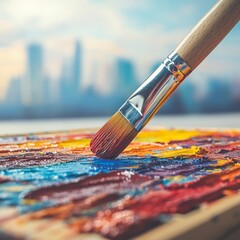 Fototapeta premium A paintbrush applies vibrant colors to a textured canvas, showcasing creativity.