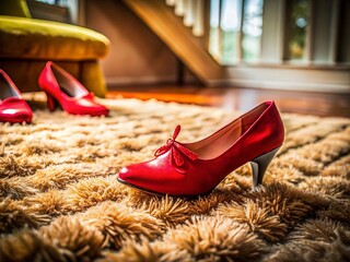 Candid Photography of a Vibrant Red Shoe on a Cozy Rug Carpet Mat with Curly Surface Texture, Capturing the Intriguing Contrast and Warm Atmosphere of Home Decor