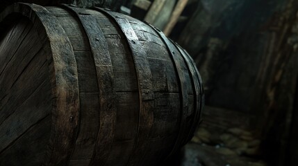 Old Wooden Barrel in a Dimly Lit Cellar with Rustic Atmosphere Enhancing the Vintage Charm and Historical Context Ideal for Various Design Projects