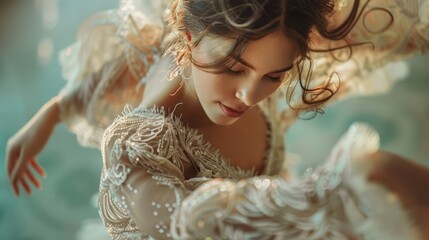 Fototapeta premium Elegant woman in flowing lace dress, ethereal portrait.