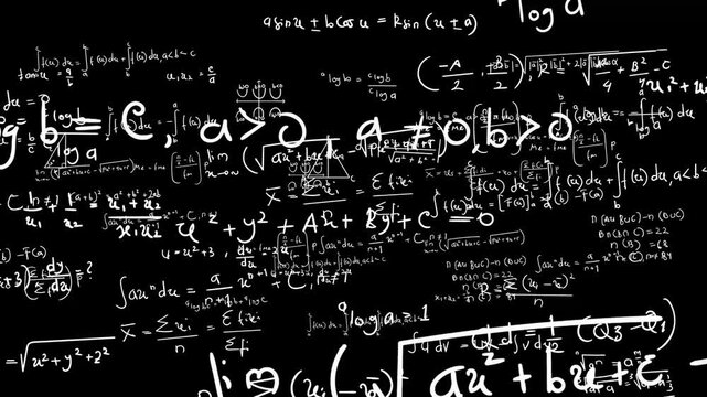 Mathematical formula animation on black background, animated calculation thinking movement.