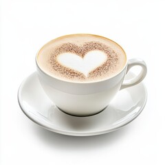 Fototapeta premium A frothy cappuccino with an intricate latte art heart in a white ceramic cup and saucer, isolated white background, contemporary art style