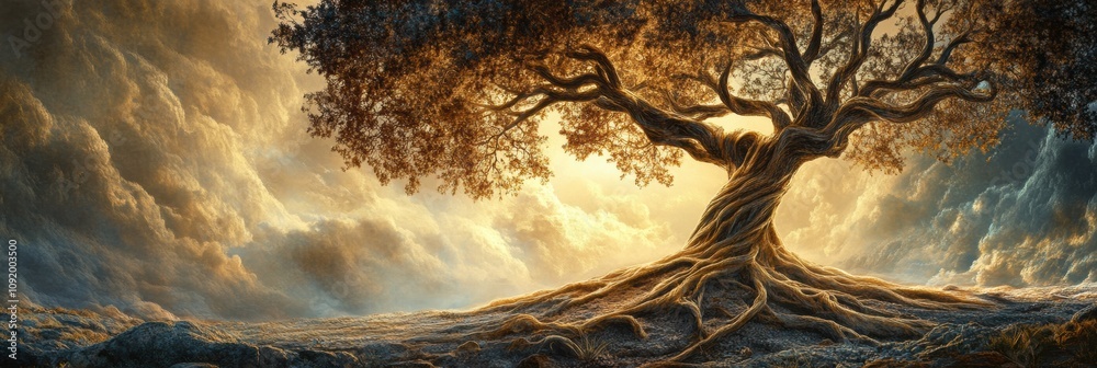 Poster a majestic tree with sprawling branches and intricate roots represents life's growth and interconnec