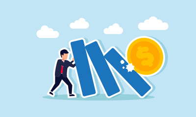 Obraz premium A businessman holds back falling blocks struck by a dollar coin, illustration of maintaining company profit stability