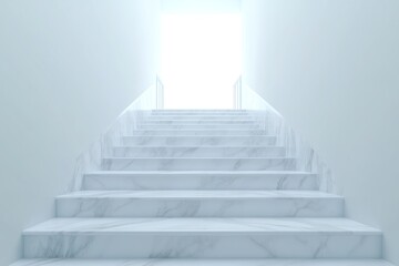 A set of marble stairs leading up to a bright light at the top of a white hallway.