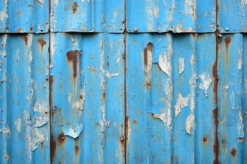 Peeling blue paint on old metal wall, revealing rustic texture and aged charm.