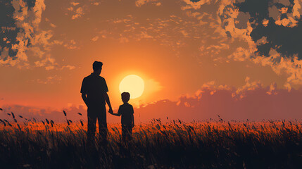 Fototapeta premium Sunset serenade a father-son moment in the field generative ai. Golden Hour Serenade. Illustration