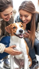 Two women are petting a dog