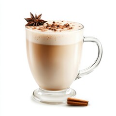 Fototapeta premium A frothy chai latte with a sprinkle of cinnamon and star anise on top, isolated white background, hyper-realism art style