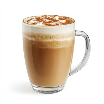 A frothy coconut chai latte with coconut milk swirls and cinnamon dusting, served in a glass mug, isolated white background