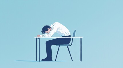 A frustrated office worker slumped over his desk, conveying feelings of burnout and exhaustion.