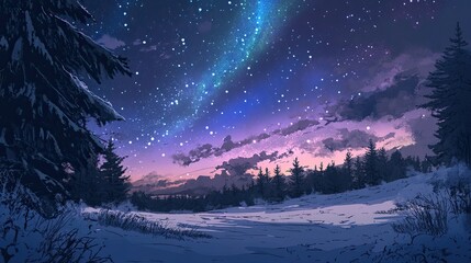 Fototapeta premium Serene Winter Landscape Under Starry Night Sky Featuring Northern Lights and Snow-Covered Trees in a Tranquil Natural Setting