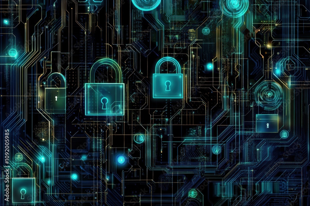 Poster A blend of padlocks and keys creates an abstract digital background, symbolizing security and protection in a technological landscape. Generative AI