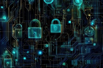 Fototapeta premium A blend of padlocks and keys creates an abstract digital background, symbolizing security and protection in a technological landscape. Generative AI