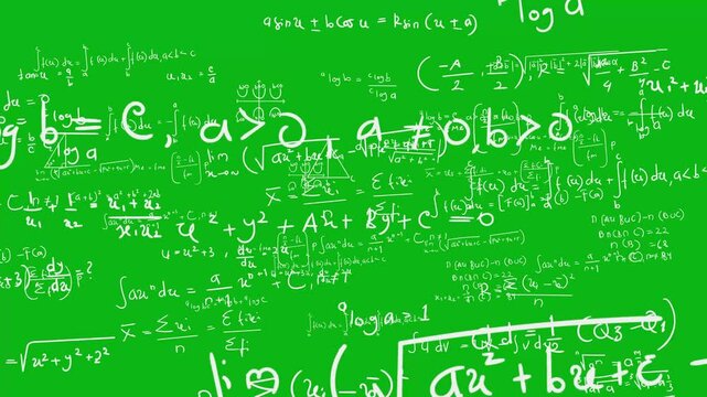 Animation of math and physics formulas, illustration of calculation fast thinking movement on green screen background.
