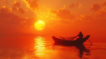 Fototapeta premium Silhouette of fisherman in small boat at sunset.
