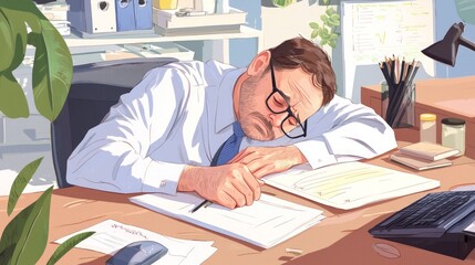 Exhausted man in office, resting on desk with documents and plants around.