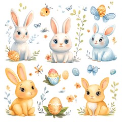 Fototapeta premium Cute Watercolor Bunnies with Easter Eggs and Butterflies