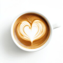 A frothy espresso macchiato with a delicate heart-shaped foam art, served in a petite white porcelain cup, isolated white background