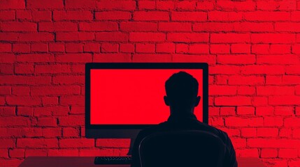 Silhouette of a person sitting in front of a glowing red computer screen against a brick wall.