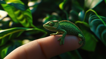Fototapeta premium Tiny Green Chameleon on a Finger, Surrounded by Lush Greenery