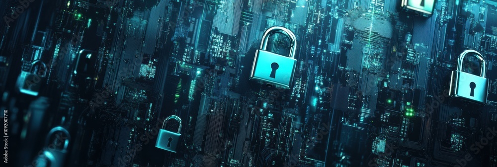 Poster This digital abstract background combines padlocks and keys against a tech-inspired backdrop, enhancing concepts of security and protection. Generative AI