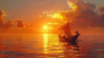 Sunset silhouette of fishermen in a boat on calm sea.