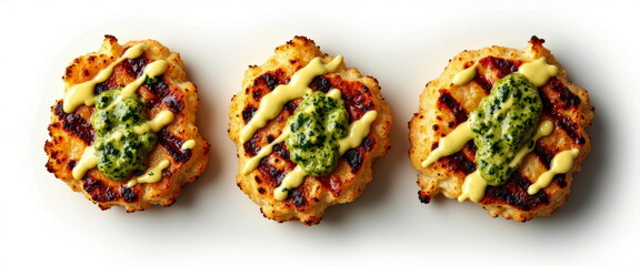 Grilled mini crab cakes with pesto and aioli sauce