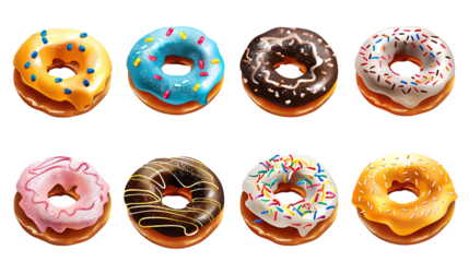 Colorful Assortment of Delicious Donuts Displayed on a White Background, Featuring Various Icing Flavors and Toppings for a Sweet Treat Experience