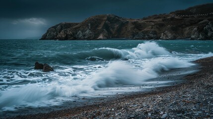 big waves on a natural beach