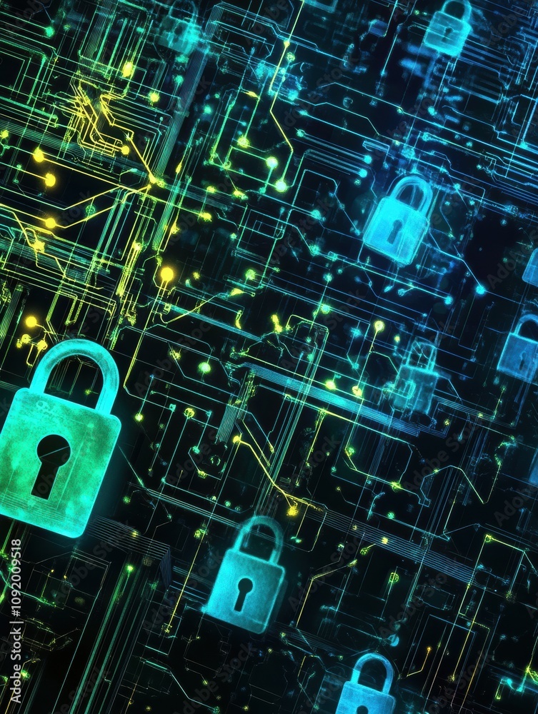 Poster An abstract representation merges glowing padlocks and keys against a circuit-like backdrop, evoking themes of security and technology. Generative AI