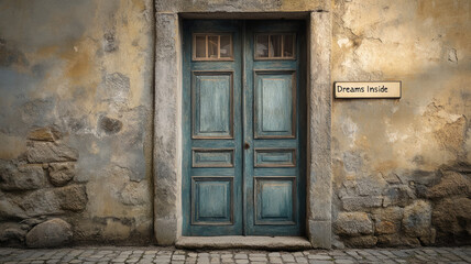 Fototapeta premium Old wooden door with stone wall and 